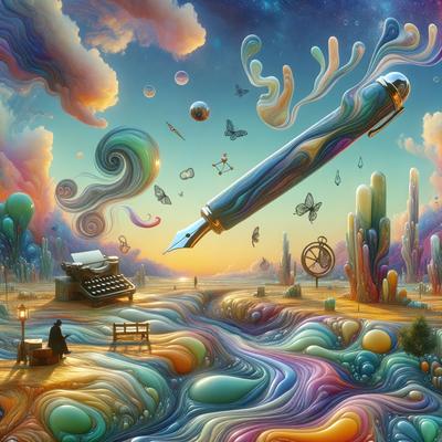 The primary subject of the image is a person sitting on a bench in front of a typewriter. The setting is a colorful, whimsical landscape with a variety of objects, including a giant pen, a book, and a clock. The visual style is a combination of digital art and illustration, creating a vibrant and imaginative scene. The colors and mood are lively and cheerful, with a strong emphasis on the vivid and diverse colors of the landscape.